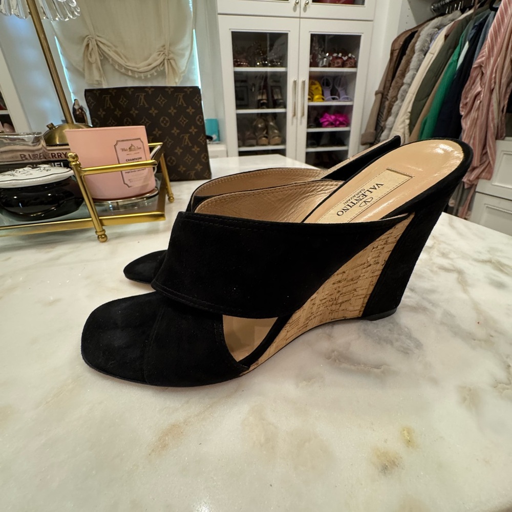 Valentino Garavani Black and Tan Wedge Mules